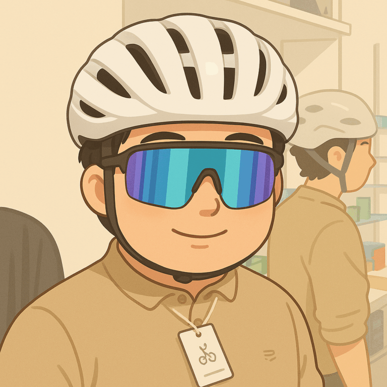 메트 리발레 헬멧 착용샷, 자전거 매장에서 실제 착용 테스트 중인 모습